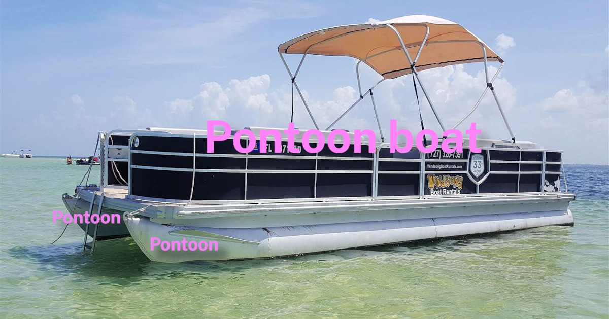 A pontoon boat, with text overlaying to show two pontoons with a boat deck on top